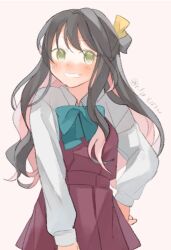 Rule 34 | 1girl, aqua bow, aqua bowtie, black hair, bow, bowtie, collared shirt, commentary request, cowboy shot, dress, dress shirt, grin, halter dress, halterneck, kantai collection, long hair, multicolored hair, naganami (kancolle), one-hour drawing challenge, parted lips, pink hair, purple dress, ribbon, shirt, simple background, smile, solo, suppaman (rfjy), two-tone hair, wavy hair, white background, white shirt, yellow eyes, yellow ribbon