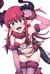 Rule 34 | 10s, 1girl, blue eyes, cosplay, elbow gloves, elizabeth bathory (fate), elizabeth bathory (fate/extra ccc), fangs, fate/extra, fate/extra ccc, fate/grand order, fate (series), fur collar, fur trim, gloves, hair ribbon, highres, horns, jp06, kneeling, long hair, looking at viewer, mash kyrielight, mash kyrielight (dangerous beast), mash kyrielight (dangerous beast) (cosplay), navel, o-ring, o-ring top, official alternate costume, open mouth, pink hair, purple gloves, purple thighhighs, revealing clothes, ribbon, simple background, smile, solo, tail, thighhighs, white background