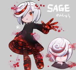 Rule 34 | 1girl, :o, black dress, character name, closed mouth, dress, floating, hair over one eye, misuta710, multicolored hair, multiple views, red eyes, sage (sonic), short hair, sonic (series), sonic frontiers, streaked hair, white hair, wide sleeves
