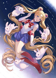 Rule 34 | 1girl, bishoujo senshi sailor moon, blonde hair, blue eyes, blue sailor collar, blue skirt, boots, bow, bowtie, breasts, brooch, chinese zodiac, choker, crescent, crescent earrings, double bun, earrings, elbow gloves, floating, full body, gem hair ornament, gloves, hair bun, heart, heart brooch, high heel boots, high heels, highres, jewelry, long hair, looking at viewer, medium breasts, parted bangs, parted lips, rabbit, red bow, red bowtie, red choker, red eyes, red footwear, sailor collar, sailor moon, sailor senshi uniform, see-through, see-through sleeves, shirt, short sleeves, skirt, smile, tiara, tsukino usagi, twintails, v, very long hair, white gloves, white shirt, year of the rabbit, yubuki i