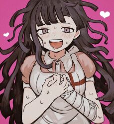 Rule 34 | 1girl, :d, apron, bandaged arm, bandages, black hair, blush, collared shirt, danganronpa (series), danganronpa 2: goodbye despair, grey apron, heart, highres, long hair, open mouth, own hands together, pink background, pink eyes, pink shirt, puffy short sleeves, puffy sleeves, shiri (gogochanpan), shirt, short sleeves, simple background, smile, solo, sweat, teeth, tongue, tsumiki mikan, upper body, upper teeth only