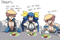 Rule 34 | 1girl, 2boys, blonde hair, blue gloves, dizzy (guilty gear), english text, closed eyes, father and son, food, fork, gloves, guilty gear, highres, husband and wife, knife, ky kiske, mother and son, multiple boys, pectoral cleavage, pectorals, plate, sin kiske, steak, sweatdrop, table, tina fate, white background