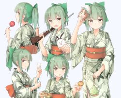 Rule 34 | &gt;:d, 10s, 1girl, :d, :o, azuhira, bow, candy apple, character mask, commentary request, error musume, food, from behind, green hair, grin, gun, hair bow, japanese clothes, kantai collection, kimono, mask, multiple views, obi, open mouth, ponytail, pouch, ramune, rifle, sash, shimakaze (kancolle), shimakaze (seal), smile, summer festival, takoyaki, v, v-shaped eyebrows, weapon, white background, yellow eyes, yukata, yuubari (kancolle)