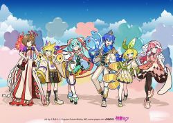 Rule 34 | 2boys, 4girls, ahoge, aqua bow, aqua eyes, aqua hair, aqua ribbon, artist name, belt, belt buckle, black footwear, black pantyhose, black shorts, black socks, blonde hair, blue hair, blue scarf, blue sky, blunt bangs, boots, bow, brown eyes, brown hair, buckle, buttons, cape, character name, closed jacket, closed mouth, cloud, collared cape, collared jacket, commentary, commentary request, company name, copyright notice, crossed bangs, crown, detached sleeves, dress, epaulettes, flower, flower (symbol), footwear bow, formal, frilled gloves, frilled shirt collar, frilled sleeves, frilled socks, frills, gloves, gold trim, green bow, green cape, green neckerchief, grin, hair between eyes, hair bow, hair flower, hair ornament, hair ribbon, hand on own chin, hand on own face, hand on own hip, hatsune miku, jacket, kagamine len, kagamine rin, kaito (vocaloid), kurumitsu, layered skirt, leg up, logo, long dress, long hair, long sleeves, looking at viewer, magical mirai kaito, magical mirai kaito (2021), magical mirai len, magical mirai len (2021), magical mirai luka, magical mirai luka (2021), magical mirai meiko, magical mirai meiko (2021), magical mirai miku, magical mirai miku (2021), magical mirai rin, magical mirai rin (2021), megurine luka, meiko (vocaloid), multiple boys, multiple girls, neck ribbon, neckerchief, official art, one eye closed, open clothes, open jacket, open mouth, orange belt, oversized clothes, pants, pantyhose, piapro, pink cape, pink dress, pink hair, pink ribbon, puffy short sleeves, puffy sleeves, ribbon, scarf, shadow, shirt, shoes, short hair, short sleeves, shorts, side slit, single epaulette, skirt, sky, smile, socks, sparkle print, spiked hair, striped clothes, striped scarf, striped shorts, striped socks, suit, thigh boots, twintails, veil, vertical-striped clothes, vertical-striped scarf, vertical-striped shorts, vertical-striped socks, vocaloid, watermark, web address, white dress, white flower, white footwear, white gloves, white jacket, white pants, white shirt, white skirt, white sleeves, white socks, wide sleeves