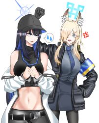 Rule 34 | 2girls, anger vein, animal ear fluff, animal ears, arm up, armband, bare shoulders, baseball cap, belt, black belt, black gloves, black hair, black headwear, black pants, black shirt, blonde hair, blue archive, blue eyes, blue necktie, breasts, clenched hand, commentary request, crop top, cuffs, d:, gloves, grey shirt, grey skirt, hair over one eye, handcuffs, hat, highres, jacket, kanna (blue archive), large breasts, long hair, long sleeves, looking at another, midriff, multiple girls, my man, navel, necktie, off shoulder, open clothes, open jacket, open mouth, pants, saori (blue archive), sharp teeth, shirt, simple background, skirt, skirt set, sleeveless, sleeveless shirt, stomach, teeth, v-shaped eyebrows, white background, white jacket