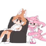 Rule 34 | 2girls, afterimage, animal ear fluff, animal ears, animated, apron, bare shoulders, bow, bowtie, brown eyes, brown hair, center frills, commentary, dhole (kemono friends), dog ears, elbow gloves, extra ears, frilled apron, frills, gloves, kemono friends, looping animation, massage chair, motion blur, multiple girls, panther ears, pantyhose, peach panther (kemono friends), pink bow, pink gloves, pink hair, pink neckwear, punching, short hair, simple background, sitting, tail, taro (tontaro), thighhighs, traditional bowtie, video, white background, white gloves