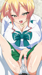 Rule 34 | 1girl, blonde hair, blush, breasts, bukkake, cleavage, cum, cum in mouth, cum on body, cum on clothes, cum on hair, cum on tongue, earrings, facial, female focus, green eyes, green skirt, hajimete no gal, half-closed eyes, heart, heart-shaped pupils, highres, jewelry, large breasts, long hair, looking at viewer, necklace, okojo no machi, open mouth, panties, pendant, pussy, ring, school uniform, shiny skin, shirt, sitting, skirt, solo, spread legs, spread pussy, spread pussy under clothes, squatting, symbol-shaped pupils, thighs, tongue, underwear, white legwear, white panties, white shirt, yame yukana