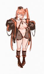 Rule 34 | 1girl, absurdres, bare shoulders, boots, breasts, cleavage, hat, highres, orange hair, red eyes, solo, starcat, twintails, white background