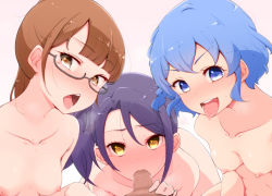 Rule 34 | 1boy, 3girls, blue eyes, blue hair, blunt bangs, blush, breasts, brown eyes, brown hair, censored, collarbone, completely nude, dorothy west, fellatio, glasses, harem, hetero, looking at viewer, matching hair/eyes, minami mirei, mosaic censoring, multiple girls, nude, open mouth, oral, parted bangs, penis, pov, pretty series, pripara, purple hair, simple background, small breasts, tongue, tongue out, toudou shion, yellow eyes, yonekura hisaki