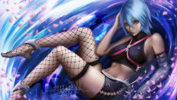 Rule 34 | 1girl, adapted costume, anastasia (asteltainn), aqua (kingdom hearts), artist name, blue eyes, blue hair, breasts, cherry blossoms, commentary, crop top, elbow gloves, feet, feet out of frame, fingerless gloves, fishnet thighhighs, fishnets, gloves, hair between eyes, highres, kingdom hearts, looking at viewer, medium breasts, midriff, navel, no shoes, partially submerged, petals, petals on liquid, ripples, short hair, shorts, sideboob, signature, solo, thighhighs, thighs, water, watermark