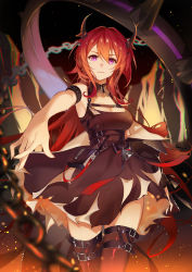 Rule 34 | 1girl, absurdres, arknights, bag, bare shoulders, black background, black bag, black collar, black dress, black thighhighs, breasts, chain, chest strap, cleavage, collar, cowboy shot, demon horns, detached collar, dress, elite ii (arknights), hair between eyes, hand up, handbag, highres, holding, horns, id card, infection monitor (arknights), kawausoman, long hair, looking at viewer, medium breasts, off shoulder, purple eyes, red hair, simple background, sleeveless, sleeveless dress, slit pupils, solo, surtr (arknights), thighhighs, very long hair