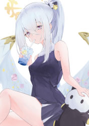 Rule 34 | 1girl, ahoge, alternate costume, artist request, azusa (blue archive), blue archive, cocktail, cocktail glass, cowboy shot, cup, drinking, drinking glass, flower, hair flower, hair ornament, halo, highres, long hair, purple eyes, purple flower, stuffed toy, swimsuit, very long hair