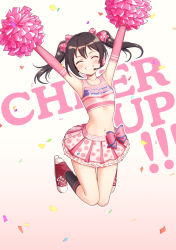 Rule 34 | 1girl, ^ ^, armpits, arms up, text background, bandana, bare legs, bare shoulders, birthday, black hair, black socks, blush, boots, bow, breasts, cheerleader, closed eyes, clothes writing, collarbone, confetti, crop top, cross-laced footwear, deadnooodles, elbow gloves, english text, facing viewer, flat chest, full body, gloves, gradient background, grin, hair bow, happy birthday, headphones, headset, highres, holding, holding pom poms, jumping, kneehighs, long hair, love live!, love live! school idol festival, love live! school idol project, midriff, miniskirt, navel, paradise live, parted lips, pink background, pink bandana, pink bow, pink gloves, pink pom poms, pink shirt, plaid, plaid skirt, pleated, pleated skirt, polka dot, polka dot skirt, pom pom (cheerleading), pom poms, print bow, red bow, red footwear, roller skates, shirt, shoes, short hair, short twintails, skates, skirt, small breasts, smile, socks, solo, sparkle, star (symbol), star print, stomach, sweat, takaramonozu, teeth, twintails, white background, white skirt, wireless, yazawa nico