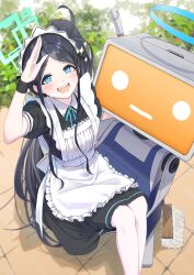 1girl :d :| apron aris_(blue_archive) back_bow black_dress black_hair blue_archive blue_eyes blue_halo blue_ribbon bow broom carrying carrying_person closed_mouth collared_dress commentary_request dress green_halo halo highres kaiso_(kaisooekaki) kei_(robot)_(blue_archive) maid_headdress neck_ribbon open_mouth puffy_short_sleeves puffy_sleeves ribbon shadow short_sleeves smile teeth tongue upper_teeth_only white_apron white_bow