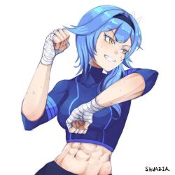 Rule 34 | 1girl, abs, alternate costume, angry, artist name, bandages, blue hair, breasts, clenched hands, eula (genshin impact), feet out of frame, fighting, fighting stance, genshin impact, grin, hair ornament, hand wraps, medium breasts, muscular, muscular female, navel, scratches, shuazir, simple background, smile, source request, stomach, sweat, teeth, wounds, yellow eyes