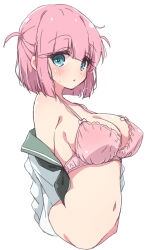 Rule 34 | 1girl, :o, aged up, aqua eyes, blunt bangs, blush, bocchi the rock!, bra, breasts, cleavage, commentary request, gotoh futari, highres, large breasts, looking at viewer, mel (melty pot), navel, pink bra, pink hair, shirt, short hair, simple background, solo, two side up, underwear, upper body, white background, white shirt
