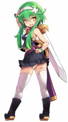Rule 34 | 1girl, ako (shinrabanshou), black footwear, black skirt, boots, bracelet, breasts, commentary request, from behind, full body, green hair, hairband, highres, holding, holding sword, holding weapon, jewelry, karukan (monjya), looking at viewer, medium breasts, open mouth, pleated skirt, shinrabanshou, short hair with long locks, simple background, skirt, sleeveless, solo, standing, sword, teeth, thighhighs, thighs, upper teeth only, weapon, white background, white hairband, white thighhighs, zettai ryouiki