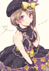 Rule 34 | 1girl, airan alp, bare arms, bare shoulders, black bow, black dress, black gloves, black headwear, blurry, bow, bracelet, brown hair, depth of field, dress, feathers, flower, from above, gem, gloves, hand on own cheek, hand on own face, heart, highres, idol, jewelry, layered dress, lens flare, looking to the side, love live!, love live! nijigasaki high school idol club, love live! school idol festival all stars, nakasu kasumi, off-shoulder dress, off shoulder, pearl (gemstone), pearl bracelet, purple feathers, red eyes, short hair, simple background, sitting, solo, yellow bow, yellow flower
