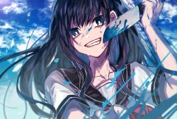 Rule 34 | 1girl, black hair, black sailor collar, blood, blood splatter, bloody knife, bloody weapon, blue blood, blue eyes, blue sky, blurry, bright pupils, clenched teeth, cloud, colored blood, commentary request, danjou sora, day, grin, holding, holding knife, holding weapon, knife, long hair, looking at viewer, neckerchief, original, red neckerchief, red sailor collar, sailor collar, school uniform, serafuku, short sleeves, sky, smile, solo, stab, sweat, teeth, weapon, white pupils, yandere