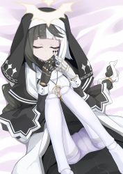 Rule 34 | 1girl, black hair, braid, doll joints, facial mark, habit, halo, highres, hourglass, jewelry, joints, long hair, multicolored hair, necklace, nun, ogami kazuki, original, solo, two-tone hair, violet (ac8231), white hair, wide sleeves