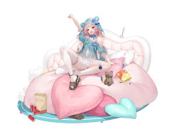 1girl absurdres animal_ears aqua_shirt arm_up bare_shoulders black_footwear blue_hat blush bra breasts bridal_garter fang fritia_ignis hat highres looking_at_viewer medium_hair navel off_shoulder open_mouth pillow pink_hair red_eyes revealing_clothes shanyao_jiang_tororo shirt short_shorts shorts simple_background sitting small_breasts snowbreak:_containment_zone solo spread_legs stuffed_animal stuffed_toy teddy_bear thighhighs underwear white_background white_bra white_shorts white_thighhighs