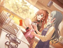 2girls apron aqua_hair bang_dream! black_ribbon black_shirt blue_apron blush brown_hair dishwashing earrings green_eyes hair_ribbon half_updo hikawa_sayo holding holding_plate imai_lisa indoors jewelry knit_sweater long_hair multiple_girls necklace official_art open_mouth plate ribbon shirt sidelocks smile sponge sweater third-party_source white_sweater