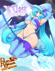Rule 34 | 1girl, agawa ryou, aqua hair, armpits, artist name, blue eyes, blue panties, boots, borrowed character, breasts, curvy, elbow gloves, fingerless gloves, gloves, hat, highleg, huge breasts, ice, lipstick, long hair, makeup, multicolored clothes, multicolored legwear, nail polish, navel, original, panties, sky, solo, star (sky), thick thighs, thigh boots, thighhighs, thighs, underboob, underwear, very long hair, watermark, web address, wide hips, witch, witch hat