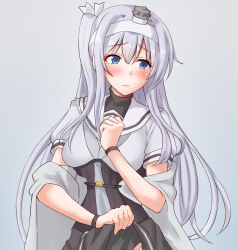 1girl anti_(untea9) black_skirt blue_eyes blush closed_mouth clothes_lift corset fuyutsuki_(kancolle) grey_background grey_hair grey_neckerchief grey_shawl grey_shirt headband headgear kantai_collection long_hair microskirt neckerchief one_side_up out-of-frame_censoring panties pleated_skirt sailor_collar school_uniform serafuku shawl shirt short_sleeves skirt skirt_lift solo underwear white_headband white_panties white_sailor_collar