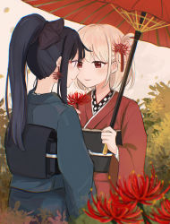 Rule 34 | 2girls, absurdres, black hair, blonde hair, blue kimono, blurry, blurry foreground, blush, checkered clothes, checkered shirt, depth of field, earrings, flower, high ponytail, highres, holding, holding flower, inoue takina, japanese clothes, jewelry, kimono, long hair, long sleeves, looking at another, lycoris recoil, masaru (kises j), multiple girls, nishikigi chisato, obi, oil-paper umbrella, parted lips, plant, ponytail, purple eyes, red eyes, red flower, red kimono, red umbrella, sash, shirt, short hair, smile, standing, tan background, umbrella, upper body, yuri