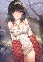 Rule 34 | 10s, 1girl, bare shoulders, bare tree, black hair, blue eyes, blush, breasts, breath, cleavage, hairband, idolmaster, idolmaster cinderella girls, jewelry, large breasts, long hair, necklace, off-shoulder, off-shoulder sweater, open mouth, ribbed sweater, sagisawa fumika, snowing, solo, sweater, tree, yuran