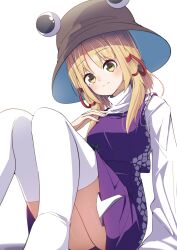 Rule 34 | 1girl, absurdres, arm support, blonde hair, blush, breasts, brown hat, darumoon, full body, hair ribbon, hand on own chest, hat, head tilt, highres, horizontal pupils, knees up, light blush, long hair, long sleeves, looking at viewer, medium breasts, moriya suwako, parted bangs, purple skirt, purple vest, red ribbon, ribbon, shirt, simple background, sitting, skirt, skirt set, smile, solo, split mouth, thighhighs, touhou, turtleneck, vest, white background, white shirt, white thighhighs, wide sleeves, yellow eyes