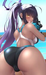 Rule 34 | 1girl, absurdres, ahoge, ass, back, black hair, blue archive, blue sky, blush, breasts, camera, commentary request, competition swimsuit, dark-skinned female, dark skin, day, gradient hair, halo, highres, holding, holding camera, horizon, karin (blue archive), long hair, looking at viewer, looking back, mechanical halo, medium breasts, multicolored hair, ocean, one-piece swimsuit, open mouth, oryou gunsou, outdoors, ponytail, purple hair, railing, shoulder blades, sidelocks, sky, solo, swimsuit, thighs, two-tone hair, very long hair, yellow eyes