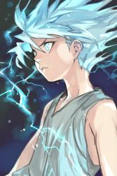 Rule 34 | 1boy, bare arms, bare shoulders, blue eyes, blue hair, closed mouth, electricity, from side, grey shirt, hair between eyes, hungry clicker, hunter x hunter, killua zoldyck, male focus, shirt, solo, sparks, spiked hair, upper body