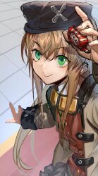 Rule 34 | 1girl, black hat, black skirt, brown hair, buttons, clothes lift, coat, el mofus (brown hair female), goggles, goggles around neck, green eyes, grey coat, hat, long hair, nuda, rance (series), rance 10, red shirt, shirt, skirt, skirt lift, smile, solo