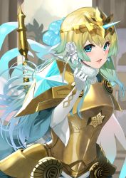 Rule 34 | 1girl, armor, blonde hair, blue eyes, blue hair, breastplate, commentary request, earrings, elbow gloves, fire emblem, fire emblem heroes, fjorm (fire emblem), flower, full body, fur collar, gloves, hair between eyes, hair flower, hair ornament, hand up, headpiece, highres, jewelry, long hair, long sleeves, looking at viewer, nintendo, open mouth, pauldrons, rose, shoulder armor, solo, spikes, very long hair, white flower, white gloves, white rose, wide sleeves, yappen