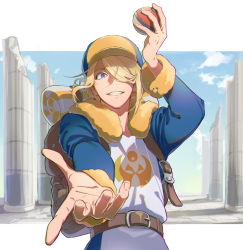 Rule 34 | 1boy, arm up, backpack, bag, belt, blonde hair, blue jumpsuit, brown bag, brown belt, cloud, commentary request, creatures (company), day, fur trim, game freak, grey eyes, grin, hair over one eye, hat, holding, holding poke ball, jumpsuit, letterboxed, long sleeves, looking at viewer, male focus, nintendo, orange hat, outdoors, outside border, pillar, poke ball, poke ball (legends), pokemon, pokemon legends: arceus, sky, smile, solo, sukehige, teeth, volo (pokemon)