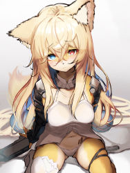 Rule 34 | 1girl, absurdres, animal ears, barcode, barcode tattoo, blonde hair, blue eyes, blush, body fur, closed mouth, fox ears, fox girl, fox tail, furrification, furry, furry female, g41 (girls&#039; frontline), girls&#039; frontline, gradient background, grey background, h&amp;k g41, hair between eyes, heterochromia, highres, long hair, looking at viewer, navel, panties, red eyes, sitting, solo, stomach tattoo, tab head, tail, tattoo, underwear, white panties
