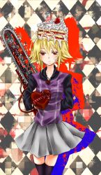 Rule 34 | 1girl, argyle, argyle background, argyle clothes, arm behind back, bad id, bad pixiv id, black thighhighs, blonde hair, cake, chainsaw, chocolate, cream, food, gift, heart, highres, incoming gift, jewelry, long sleeves, multicolored eyes, necklace, silhouette, skirt, solo, thighhighs, urotsuki, valentine, yume 2kki, zettai ryouiki