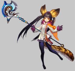 Rule 34 | 10s, 1girl, animal ear fluff, animal ears, bad id, bad pixiv id, black hair, blade &amp; soul, brown eyes, capelet, coat, dog ears, earrings, gloves, jewelry, long hair, lyn (blade &amp; soul), nyo0214, outstretched arms, pantyhose, shoes, simple background, skirt, smile, solo, staff, tail, twintails, very long hair, weapon