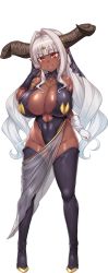 Rule 34 | 1girl, boots, breasts, cleavage, dark-skinned female, dark elf, dark skin, demon girl, elf, female focus, full body, game cg, highleg, highleg leotard, highres, horns, jewelry, large breasts, leotard, looking at viewer, mole, mole under mouth, monster girl, muchimuchi dekapai mara gui maou-sama to onboro yojouhan dousei seikatsu, official art, orcsoft, phrygia (small), pointy ears, sian, solo, standing, thigh boots, thighhighs, white hair