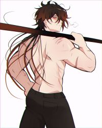 Rule 34 | 1boy, black hair, brown hair, closed mouth, cuts, from behind, genshin impact, hand on own hip, highres, holding, holding polearm, holding spear, holding weapon, injury, kingidol, long hair, looking at viewer, male focus, multicolored hair, muscular, muscular male, over shoulder, polearm, scar, scar on arm, simple background, solo, spear, topless male, weapon, weapon over shoulder, white background, zhongli (genshin impact)