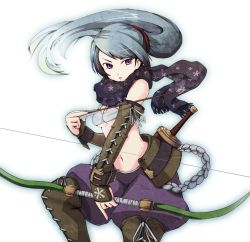 Rule 34 | 1girl, 7th dragon, 7th dragon (series), arrow (projectile), blue hair, bow (weapon), crost, melk (7th dragon), midriff, ponytail, purple eyes, rogue (7th dragon), scarf, solo, weapon