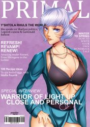 Rule 34 | 1girl, absurdres, animal ears, artist name, bad id, bad twitter id, belt, black bra, bra, breasts, cat ears, cleavage, cover, dark-skinned female, dark skin, english text, facial mark, fake cover, fake magazine cover, final fantasy, final fantasy xiv, grey eyes, highres, lips, looking at viewer, magazine cover, medium breasts, miqo&#039;te, neck tattoo, open clothes, open shirt, pixie (pixieinktvis), short hair, silver hair, solo, tattoo, underwear, whisker markings, y&#039;shtola rhul