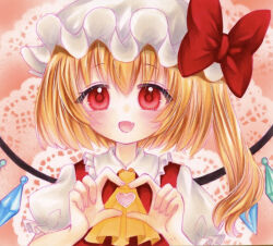 Rule 34 | 1girl, :d, ascot, blonde hair, blush, bow, crystal, doily, fang, flandre scarlet, happy, hat, hat bow, heart, heart hands, looking at viewer, marker (medium), mob cap, one side up, open mouth, pink background, red bow, red eyes, red vest, short hair with long locks, simple background, skin fang, smile, solo, touhou, traditional media, upper body, vest, wings, yellow ascot, yuuki hana (jtnp5334)