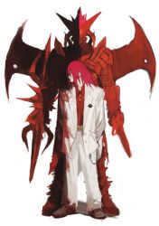 Rule 34 | 1boy, 1other, armor, blood, blood on clothes, colored skin, dual wielding, ear piercing, highres, holding, jacket, original, pants, piercing, red armor, red hair, red shirt, shirt, shoes, simple background, suzumesakiii, weapon, white background, white jacket, white pants, white skin, wings
