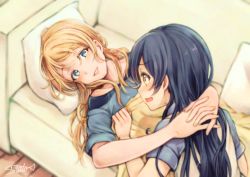 Rule 34 | 10s, 2girls, arms around neck, ayase eli, blonde hair, blue eyes, blue hair, couch, grin, hair down, interlocked fingers, jewelry, lilylion26, long hair, looking at another, love live!, love live! school idol project, lying, multiple girls, necklace, on back, open mouth, own hands together, pillow, short sleeves, signature, smile, sonoda umi, under covers, yellow eyes, yuri