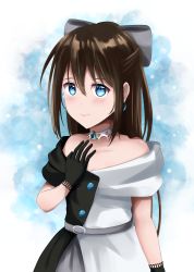 Rule 34 | 1girl, aqua eyes, artist name, artist request, back bow, bare shoulders, belt, black dress, black gloves, black skirt, blue eyes, blush, bow, breasts, brown hair, buttons, choker, cleavage, collarbone, dress, drop earrings, earrings, female focus, gloves, grey belt, grey bow, grey skirt, hair between eyes, hair bow, hand on chest, hand on own chest, high ponytail, highres, jewelry, lace, lace gloves, long hair, looking at viewer, love live!, love live! nijigasaki high school idol club, love live! school idol festival, multicolored clothes, necklace, off-shoulder dress, off shoulder, osaka shizuku, parted lips, ponytail, sidelocks, skirt, sleeveless, sleeveless dress, small breasts, smile, solitude rain (love live!), solo, two-tone dress, white bow, white dress, white skirt