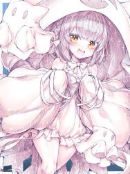Rule 34 | 1girl, :d, bare shoulders, blunt bangs, copyright request, dress, ghost, highres, kupa (jesterwii), looking at viewer, open mouth, short hair, smile, solo, standing, thighs, virtual youtuber, yellow eyes