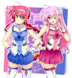 Rule 34 | 2girls, amitie florian, blush, braid, braided ponytail, breasts, closed mouth, flower, gloves, green eyes, hair flower, hair ornament, hairband, hand on own hip, hands on own hips, kyrie florian, long hair, looking at viewer, lyrical nanoha, mahou shoujo lyrical nanoha, mahou shoujo lyrical nanoha a&#039;s, mahou shoujo lyrical nanoha a&#039;s portable: the gears of destiny, medium breasts, multiple girls, one eye closed, open mouth, pink eyes, pink hair, red hair, san-pon, smile, thighhighs, white gloves, white thighhighs