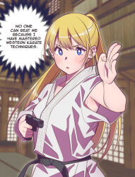 Rule 34 | 1girl, andrian januar adilia, armpit crease, blonde hair, blue eyes, blurry, blurry background, breasts, collarbone, commentary, dougi, english commentary, english text, gun, handgun, highres, holding, holding gun, holding weapon, indoors, karate gi, long hair, looking at viewer, medium breasts, original, parted lips, ponytail, solo, speech bubble, standing, swept bangs, upper body, weapon, weapon request